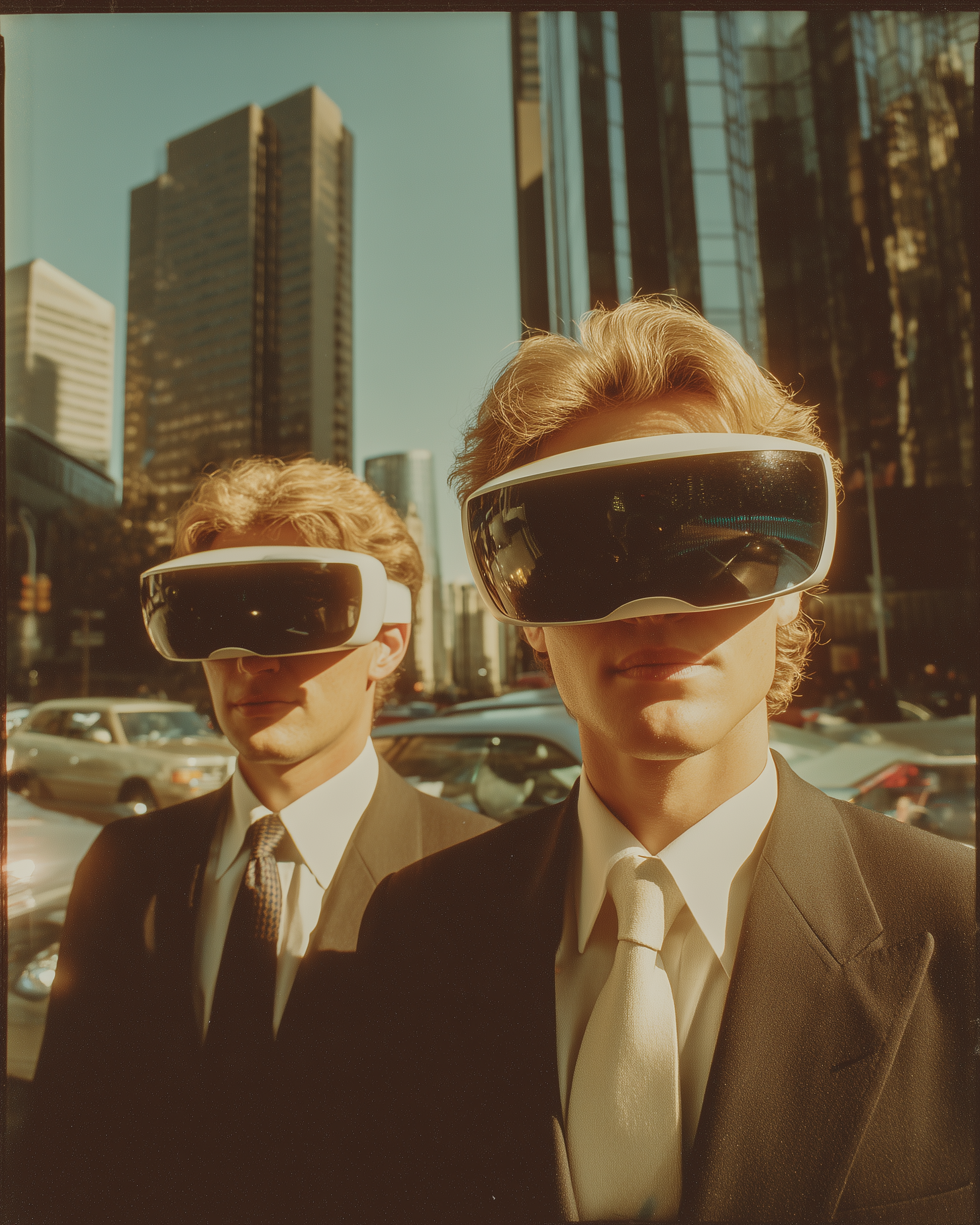 1980s New York Businessmen Wearing Sleek VR Headsets