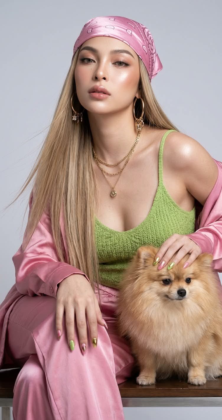 High-Fashion Apple-Green Satin Studio Portrait output 2