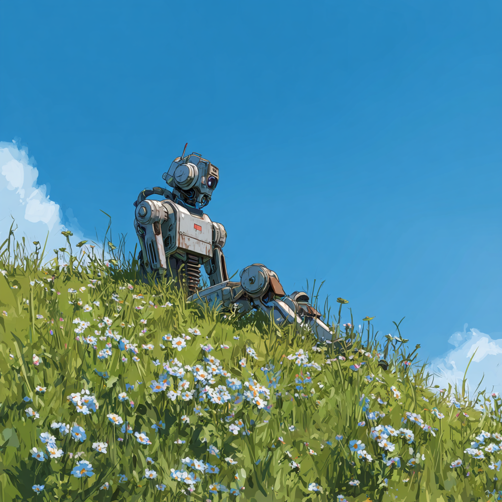 Cyberpunk Robot on a Grassy Hill output 1