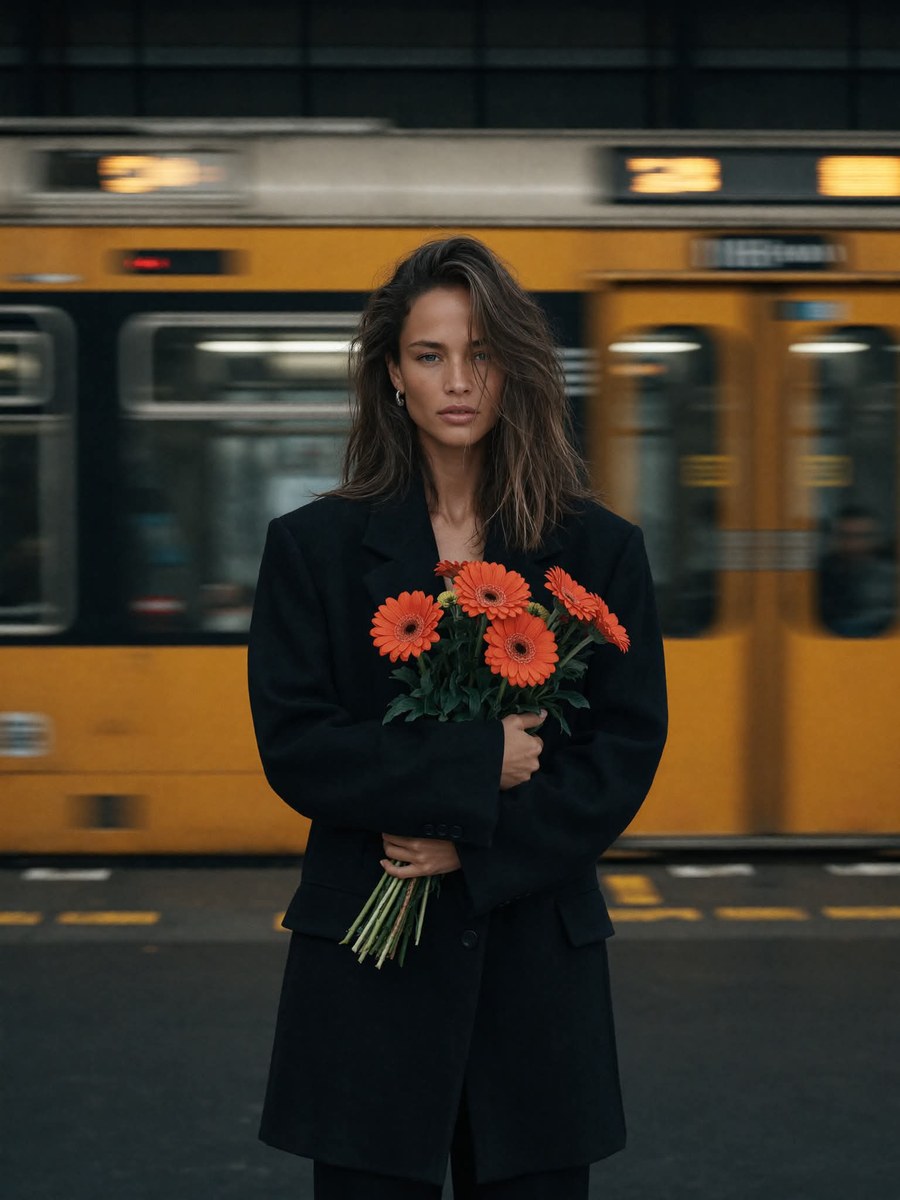 Woman with Flowers on a Moving Train Platform