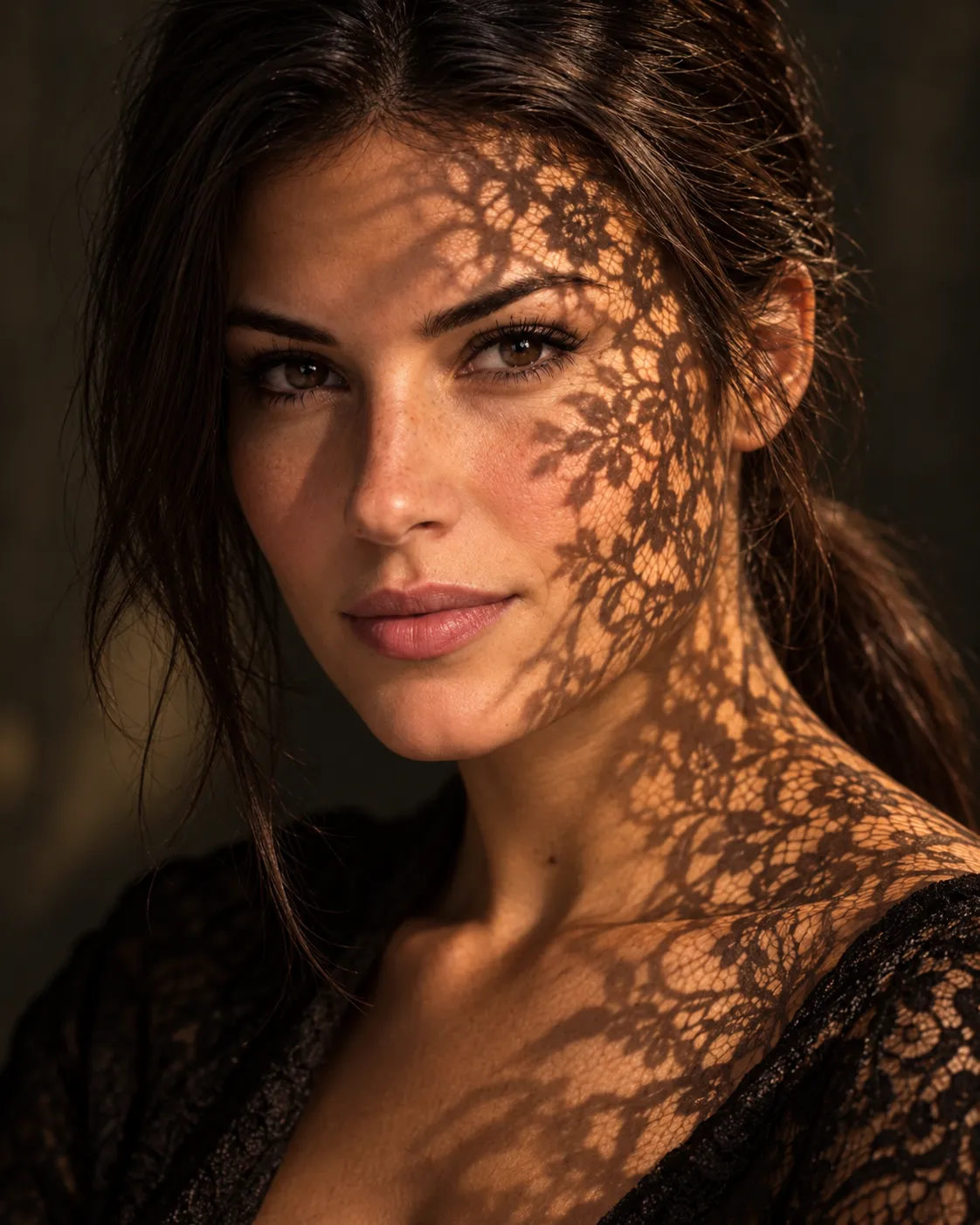 Cinematic Portrait with Intricate Lace Shadows