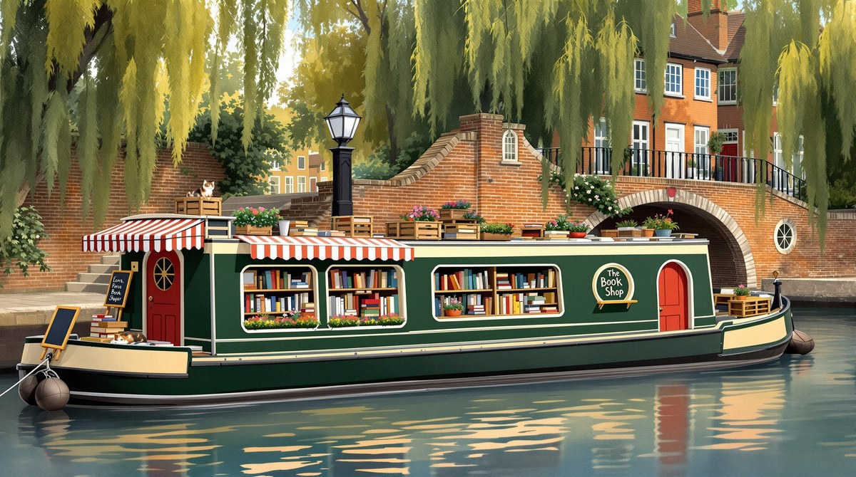 Gouache Illustration of a Floating Bookshop Barge on a Quiet Canal
