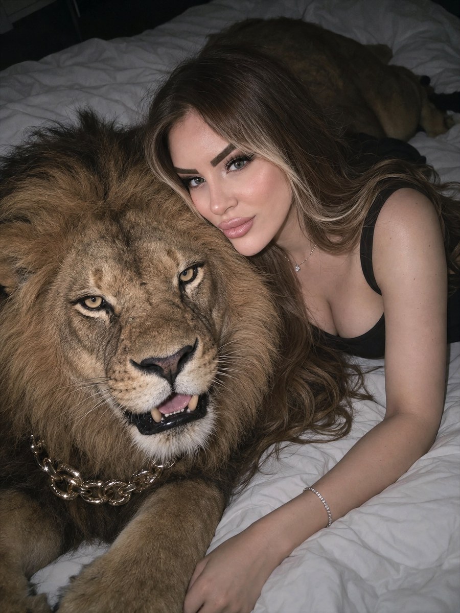 Photorealistic Woman and Lion on a Bed