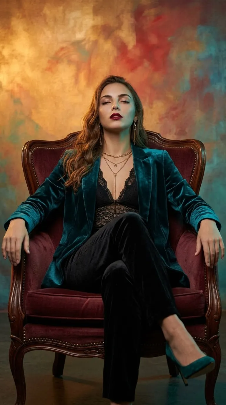Cinematic Teal Velvet Editorial Portrait output 2