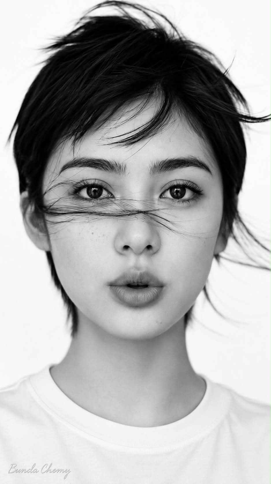 Black-and-White Pixie-Cut Beauty Portrait output 1