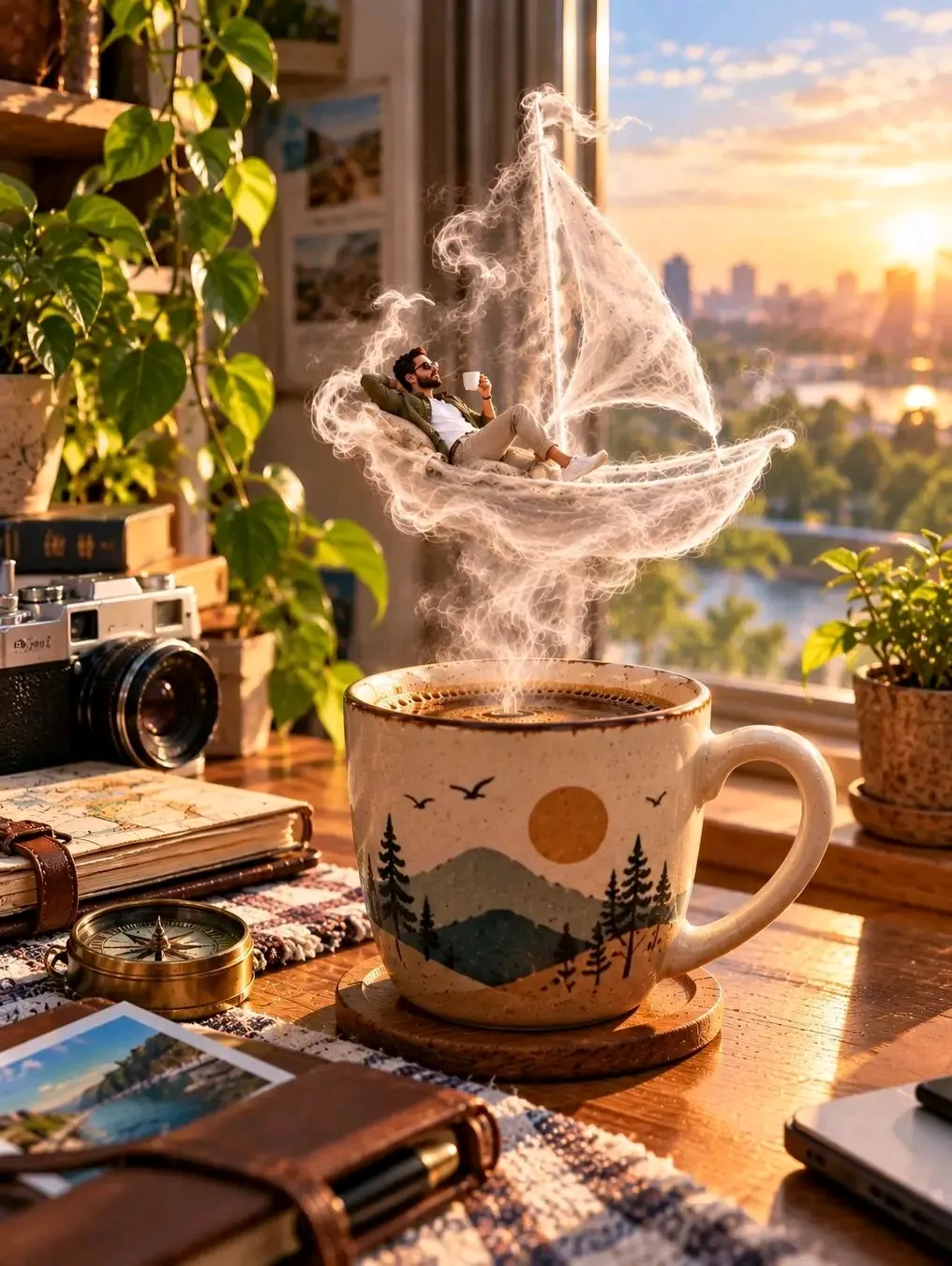 Tiny Man Sailing on Coffee Steam output 1