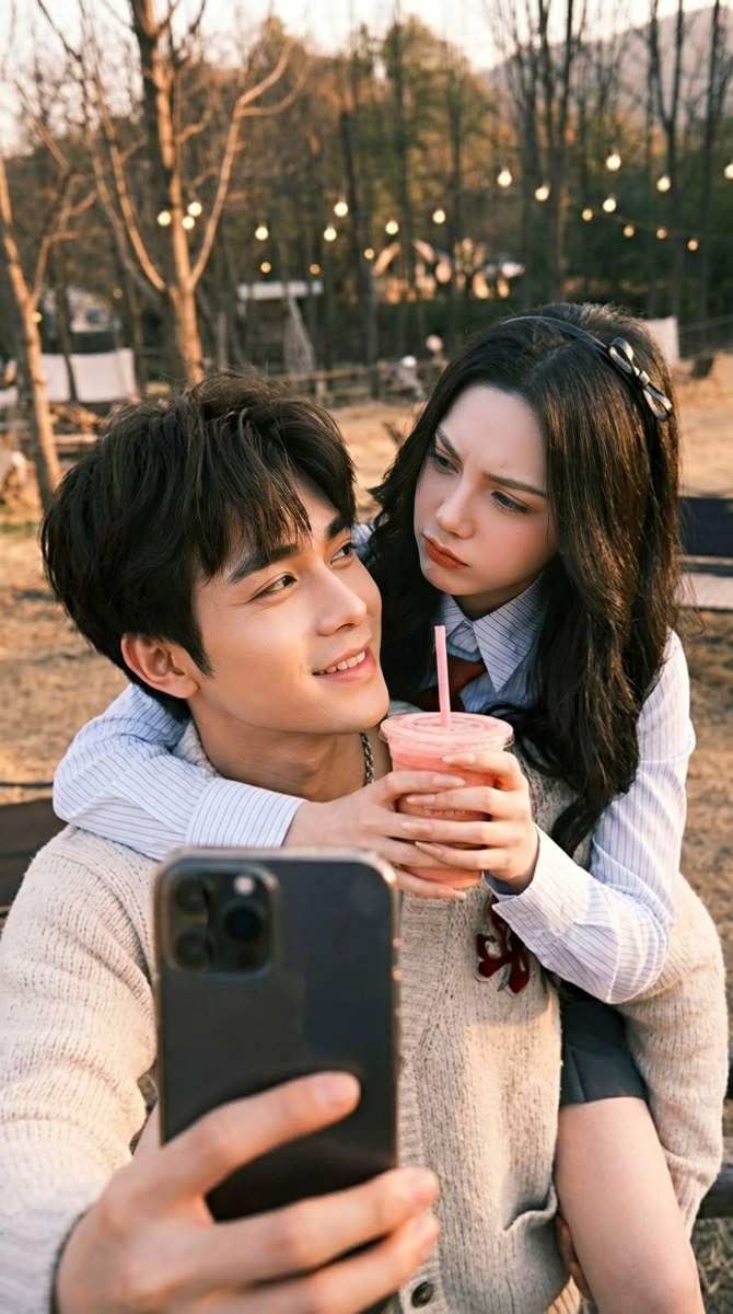 Golden-Hour Forest Café Couple Selfie output 5
