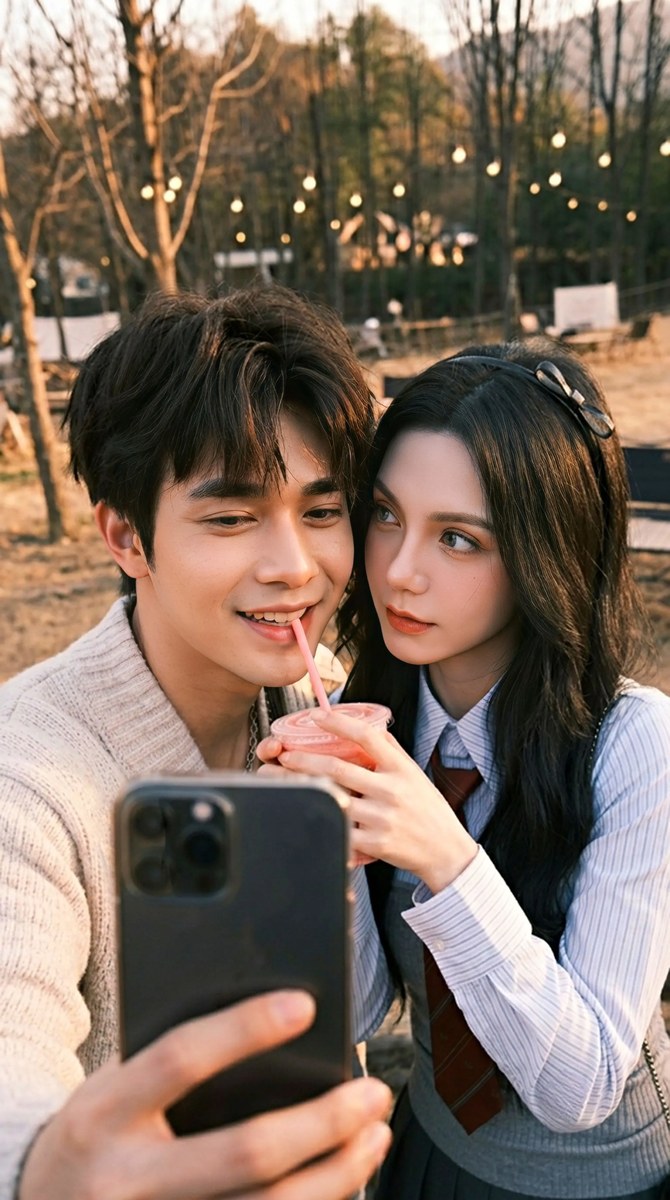Golden-Hour Forest Café Couple Selfie output 4