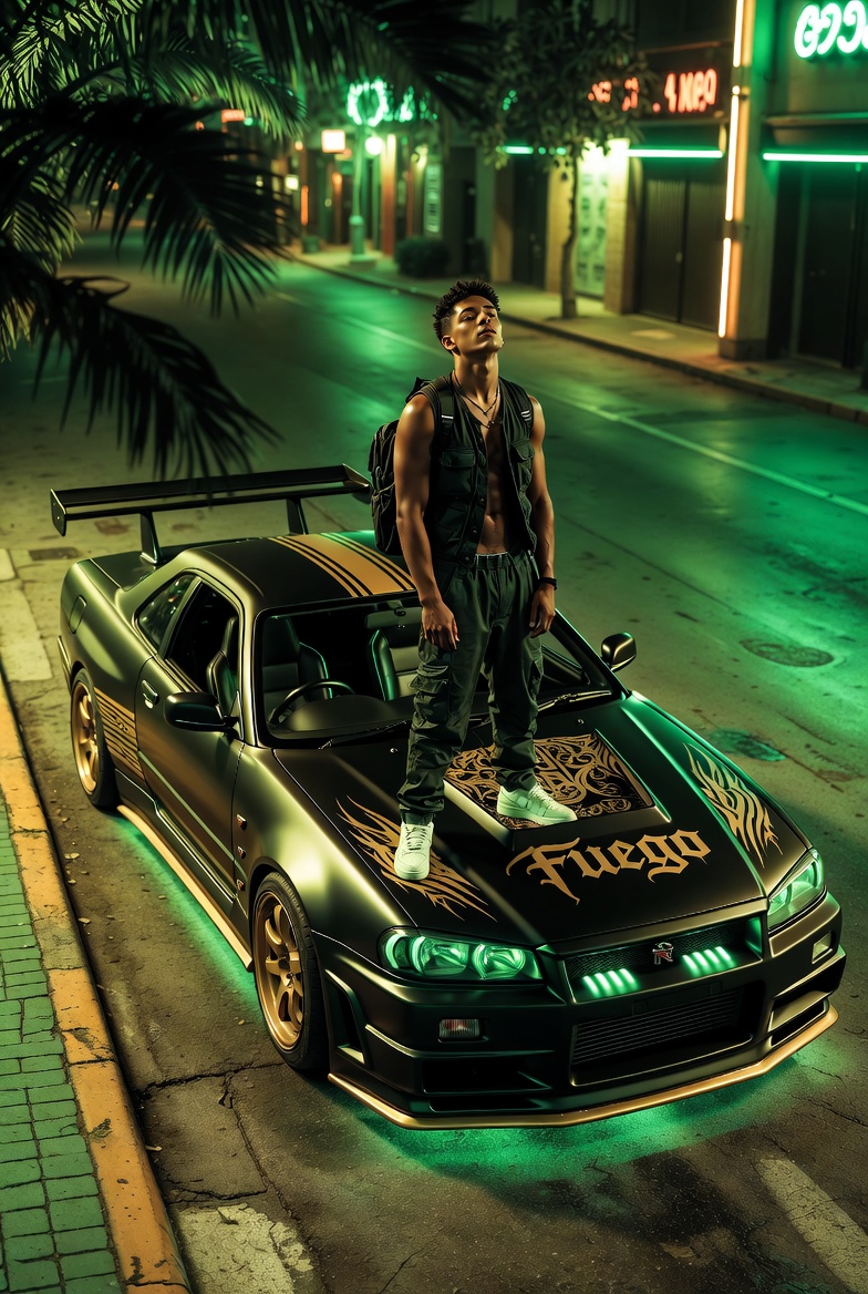 Neon-Lit Nissan Skyline R34 on a Tropical City Street