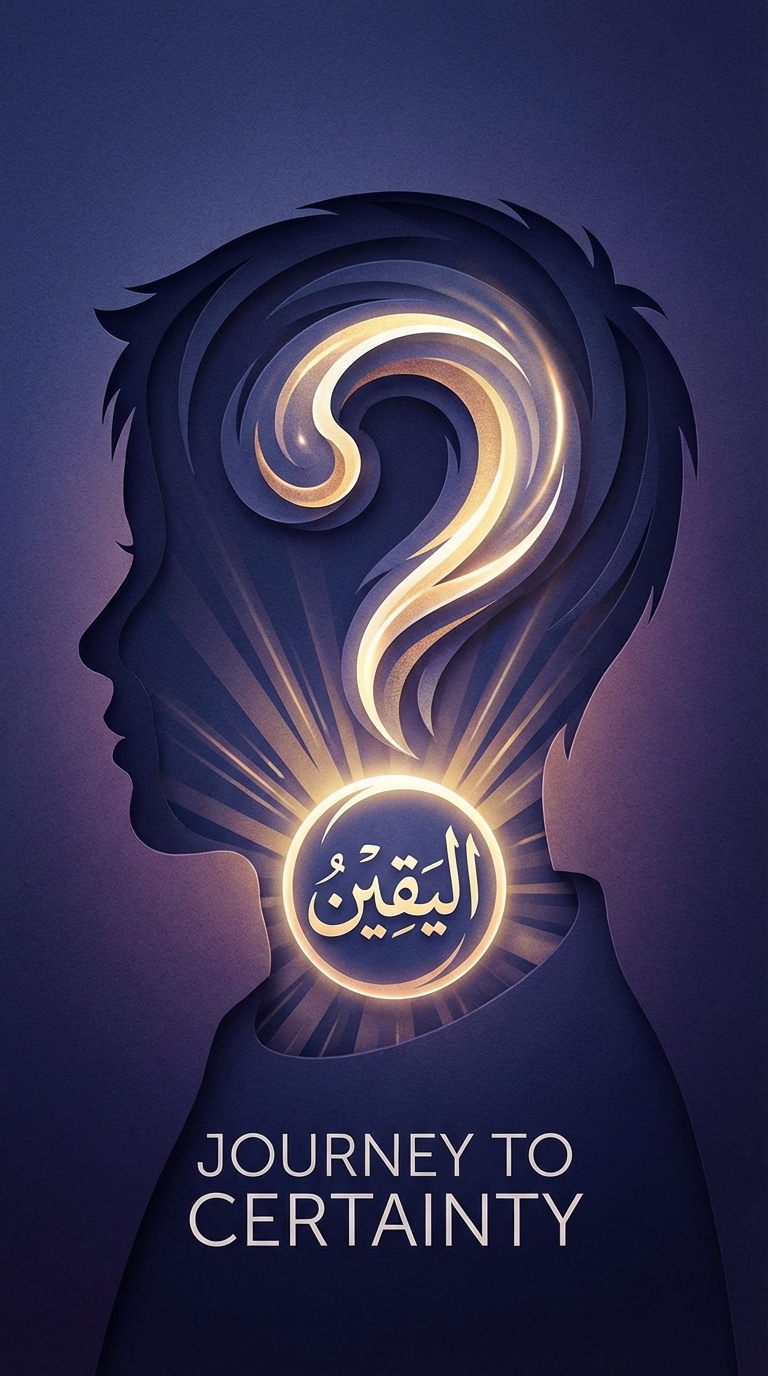 illustration for teenagers, side silhouette of a young person. Inside the head a question mark transforming into light t. Deep purple and blue tones, minimalist and , v.