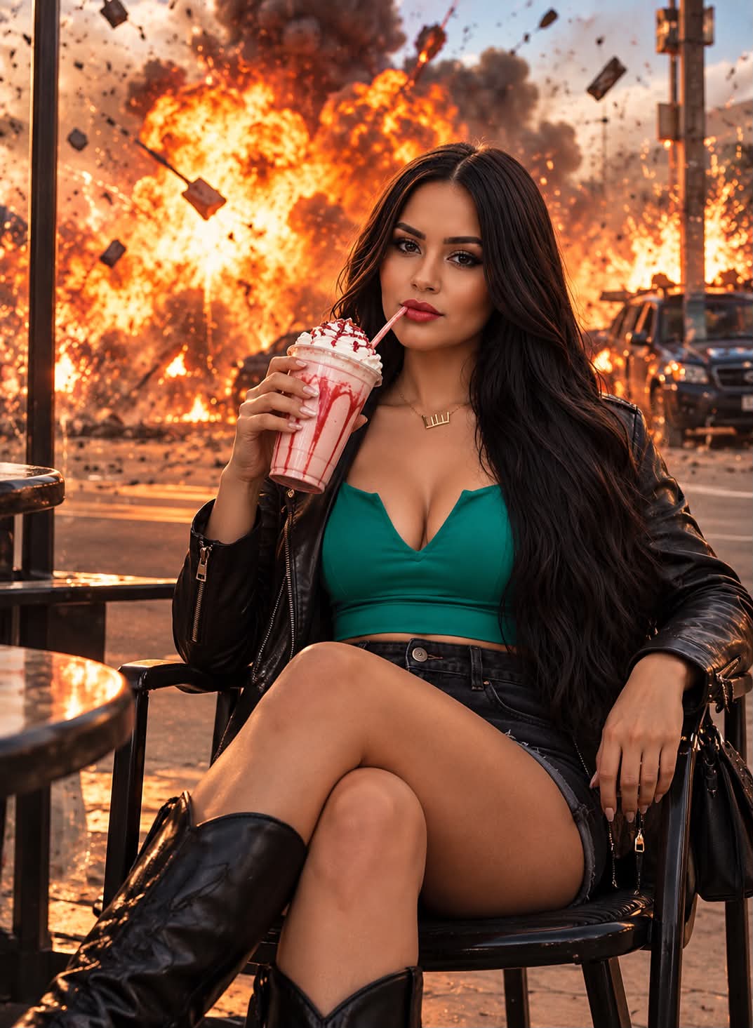 Unfazed Woman Enjoying a Milkshake Amid an Explosion output 2