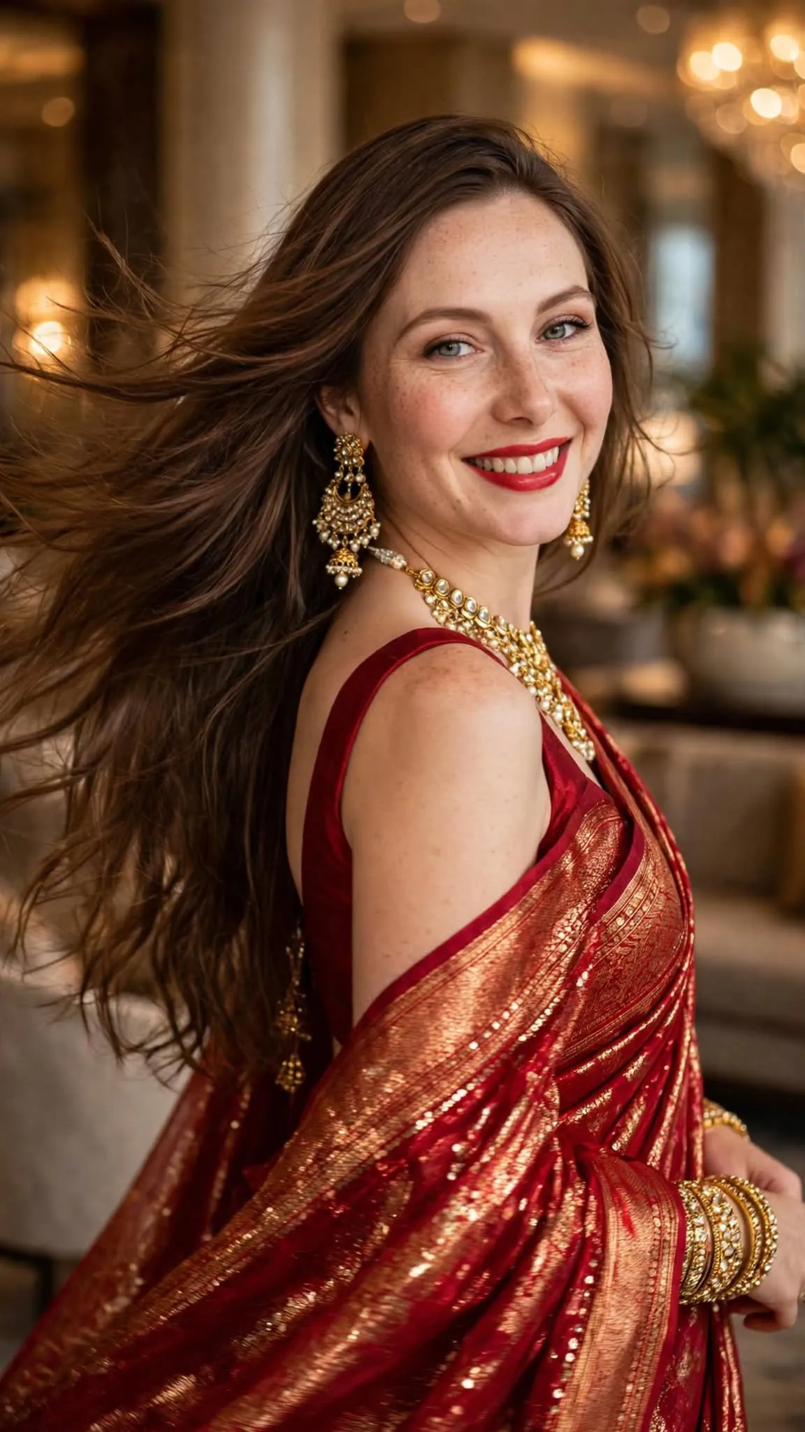 Candid Portrait of a Woman in a Red Saree