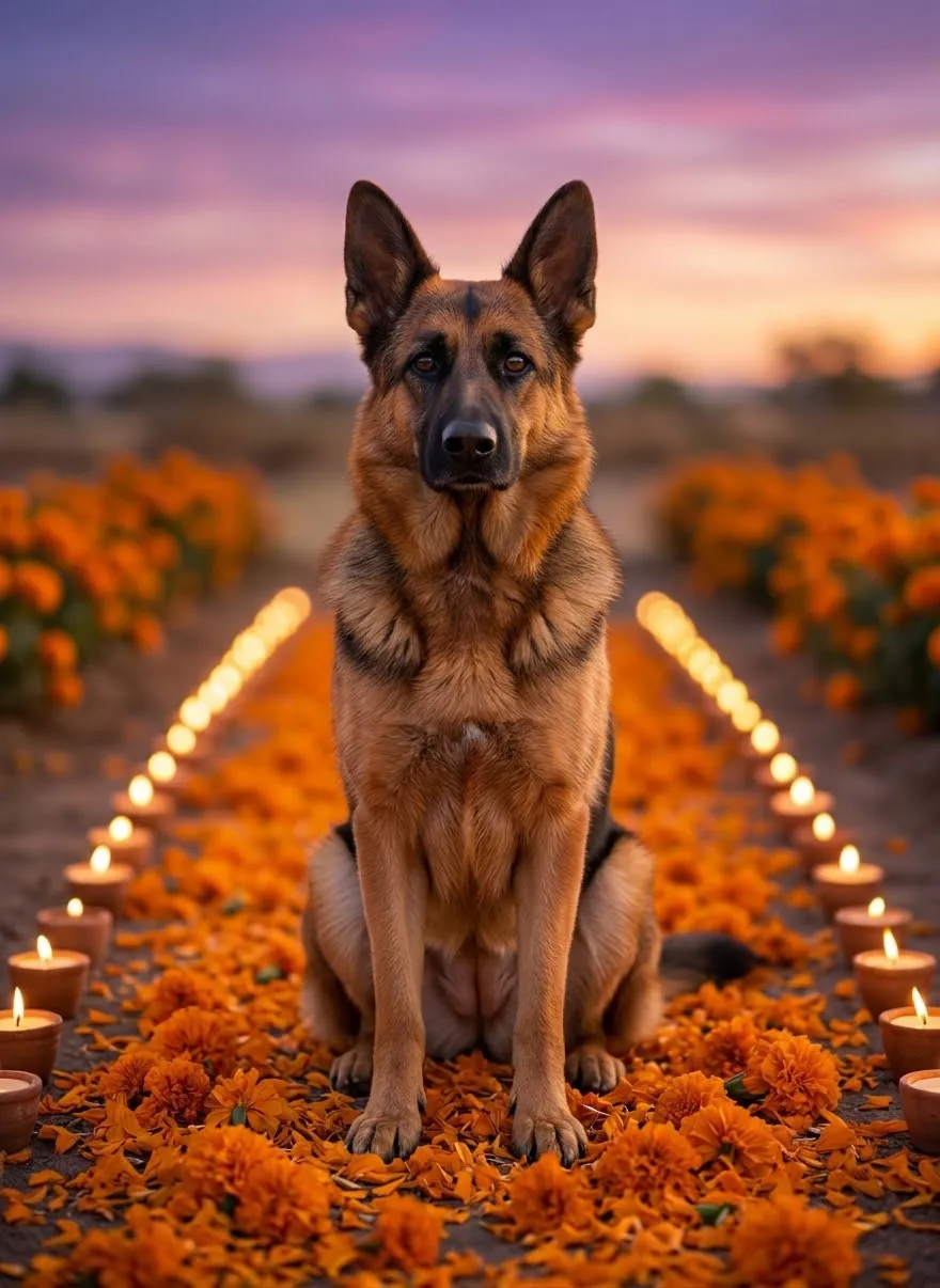 Cinematic Dog Portrait on a Candlelit Marigold Path