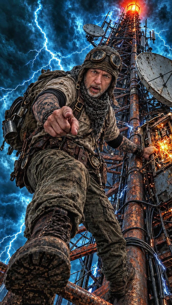 Post-Apocalyptic Tower Climber in an Electrical Storm