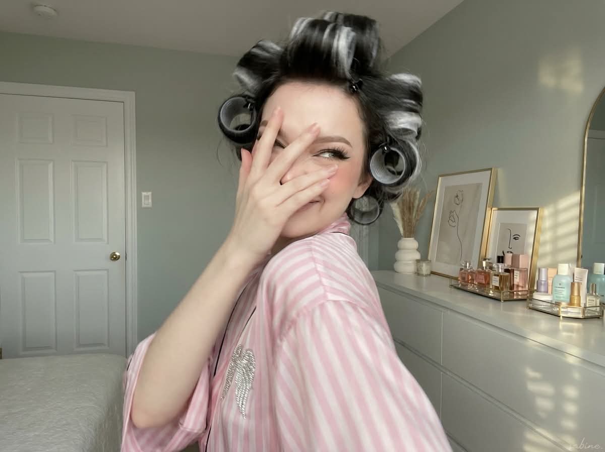 Soft-Glam Bedroom Selfie with Vintage Hair Rollers output 2