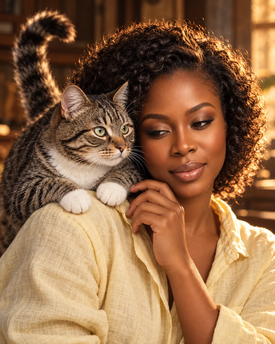 Warm, Photorealistic Person-and-Cat Portrait output 1