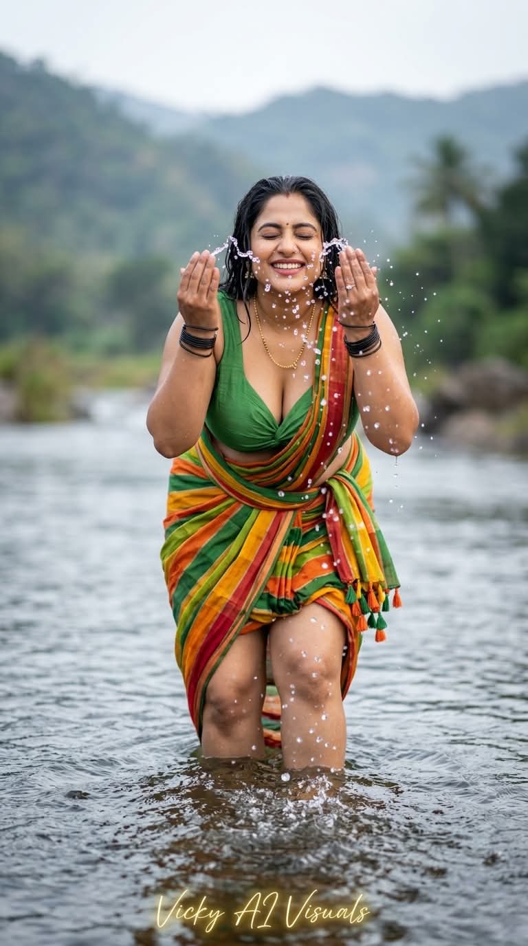 Dynamic River Portrait in a Multicolor Saree