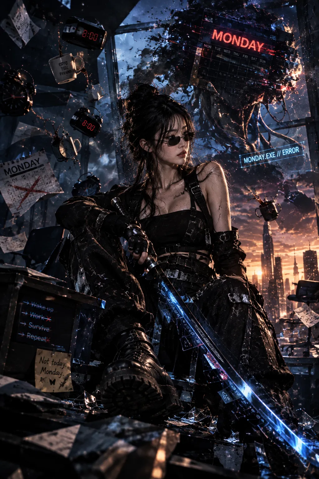 MONDAY.EXE: Cyber-Noir Final Boss Portrait