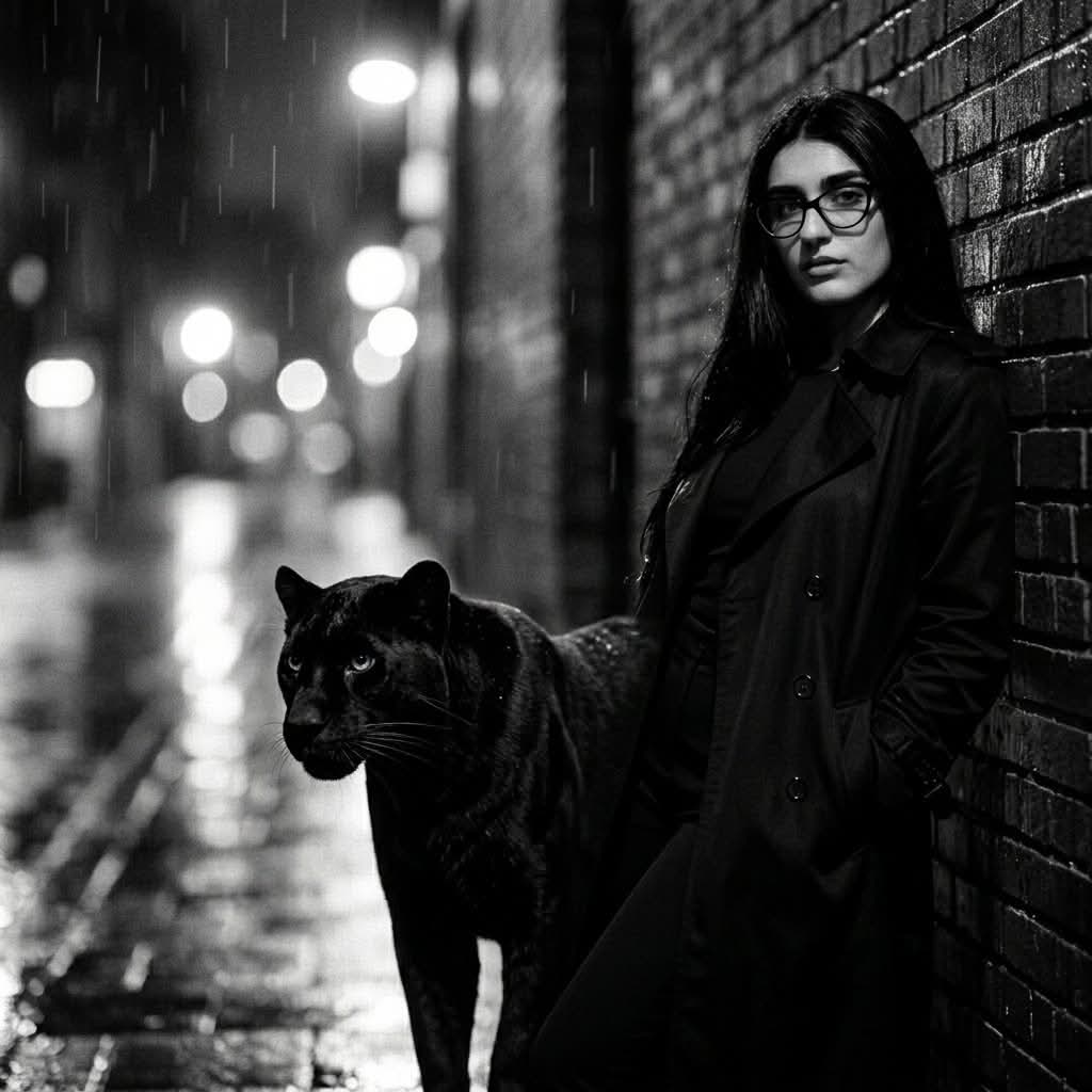 Black-and-White Neo-Noir Portrait with an Animal output 2