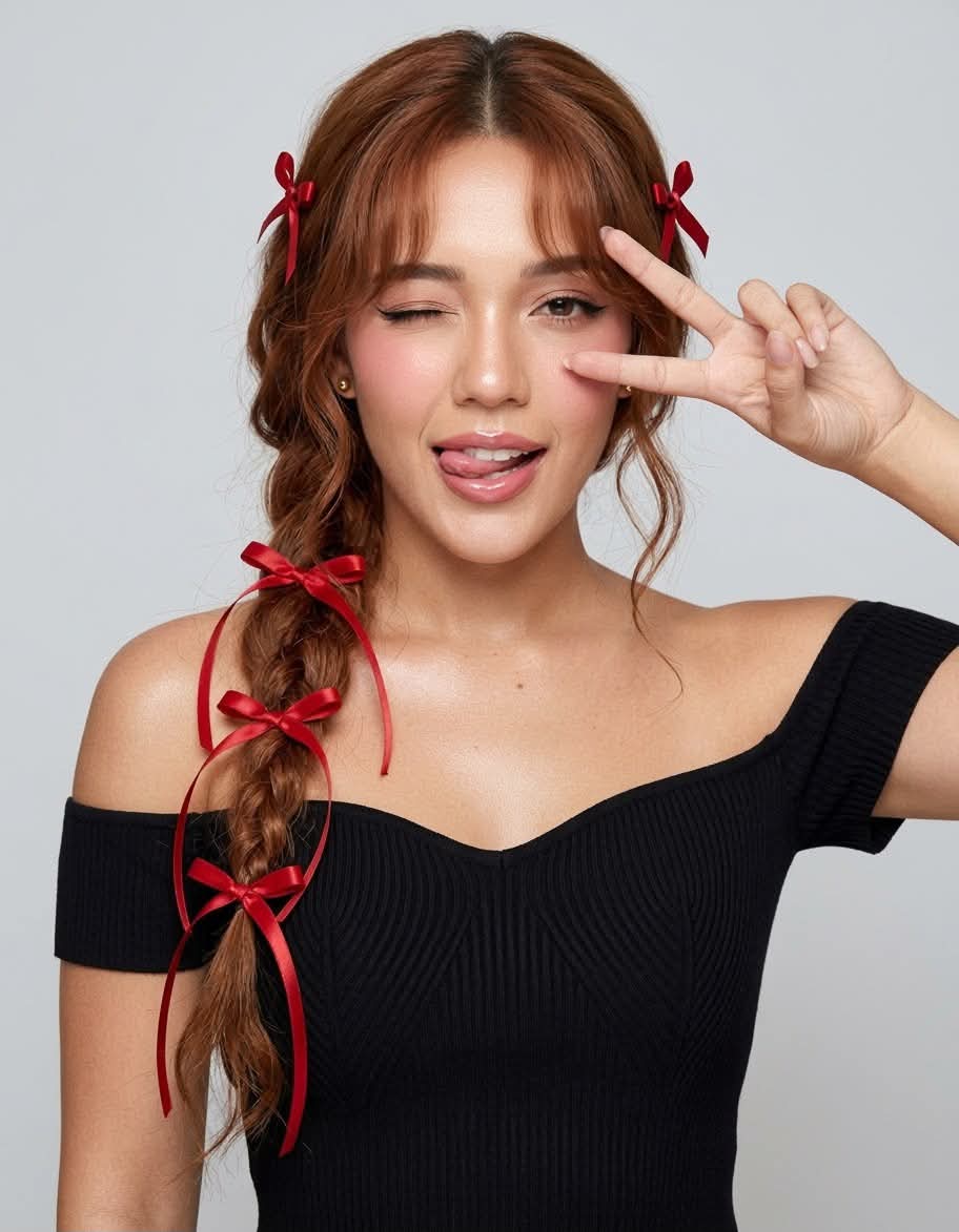 K-Beauty Editorial Portrait with Red Ribbon Bows