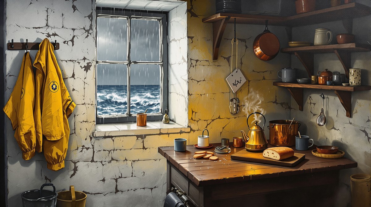 Oil Painting of a Lighthouse Keeper's Kitchen in a Storm