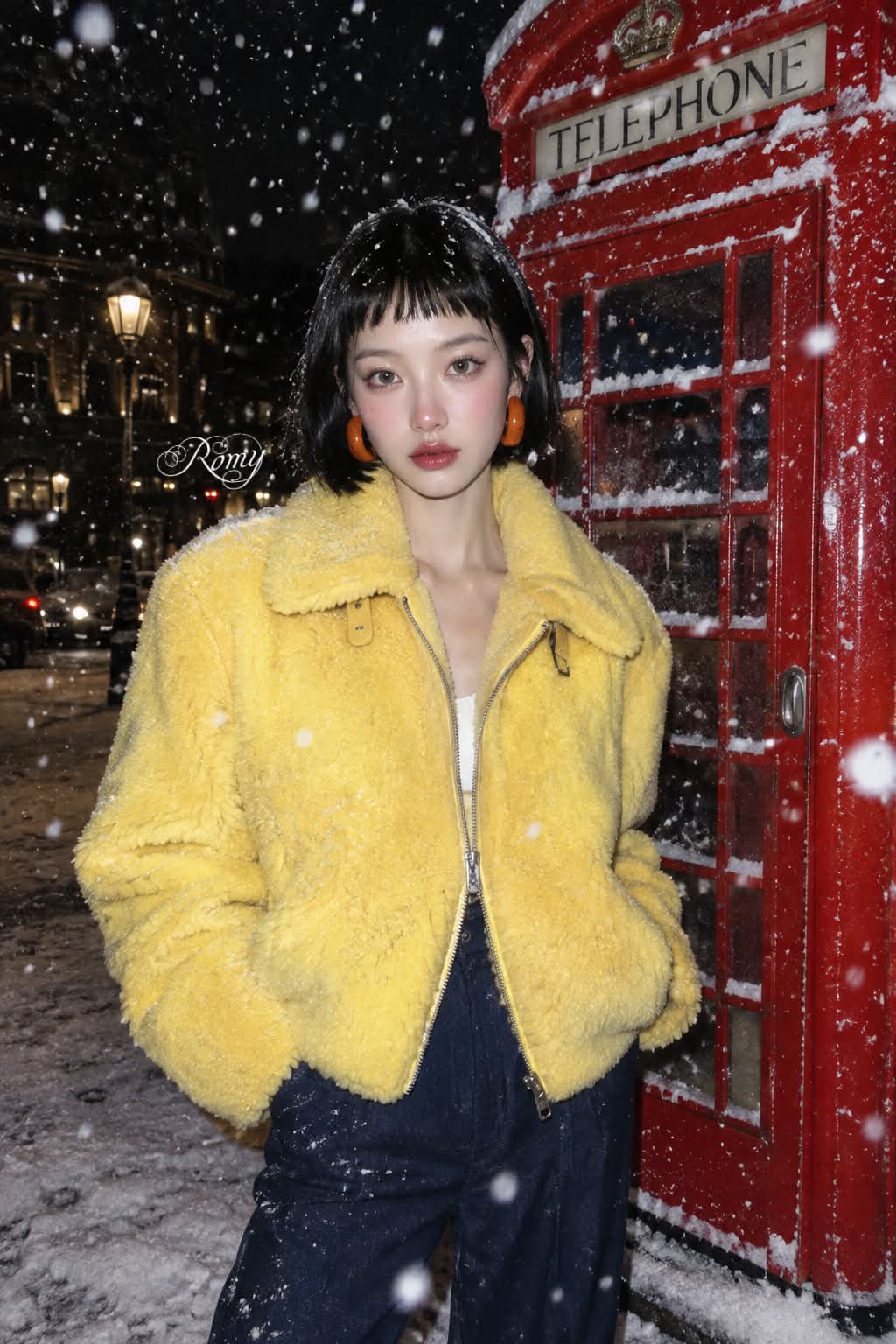 Snowy Night Editorial by a Red Telephone Booth