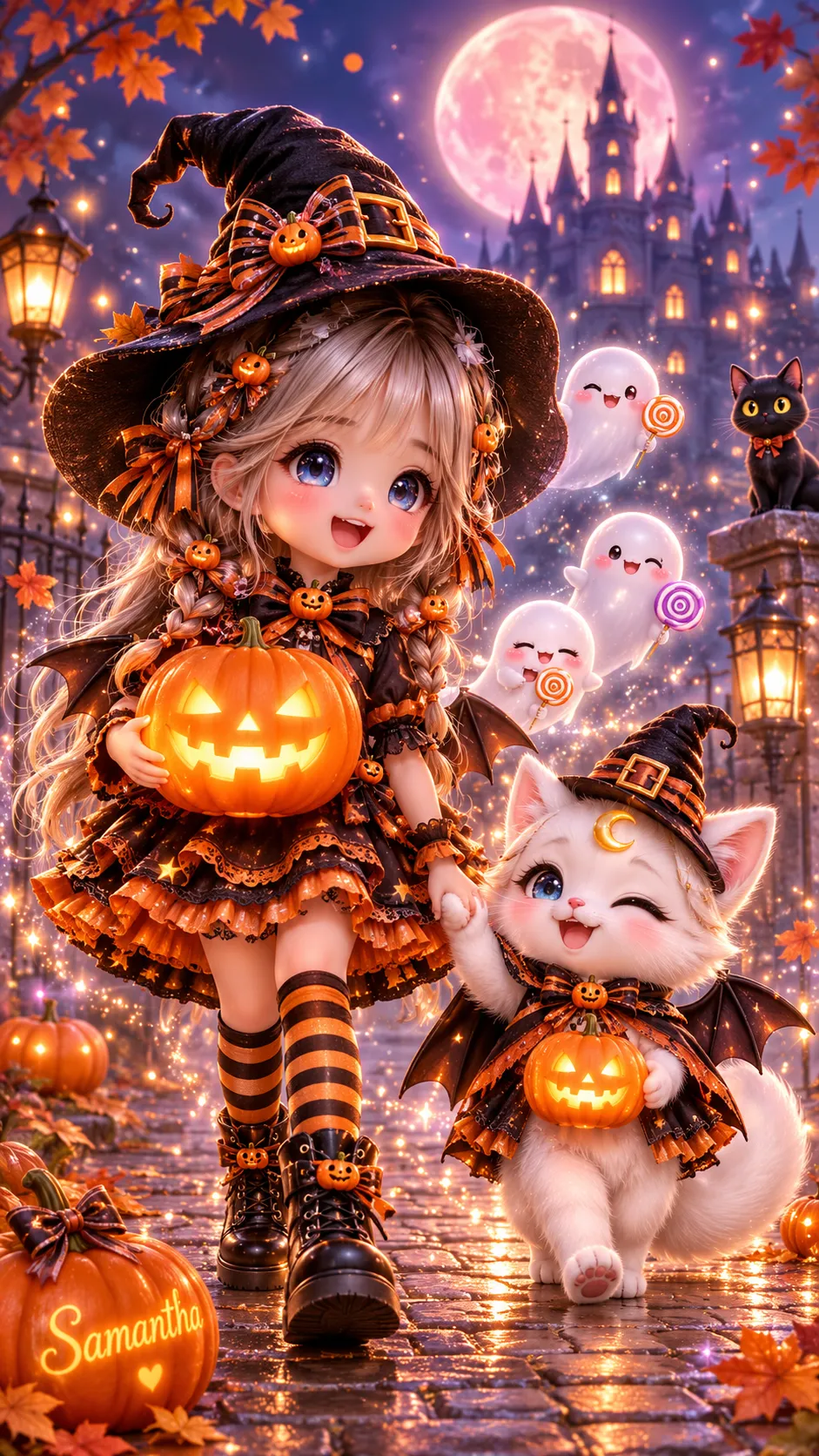 Whimsical Halloween Trick-or-Treat Scene