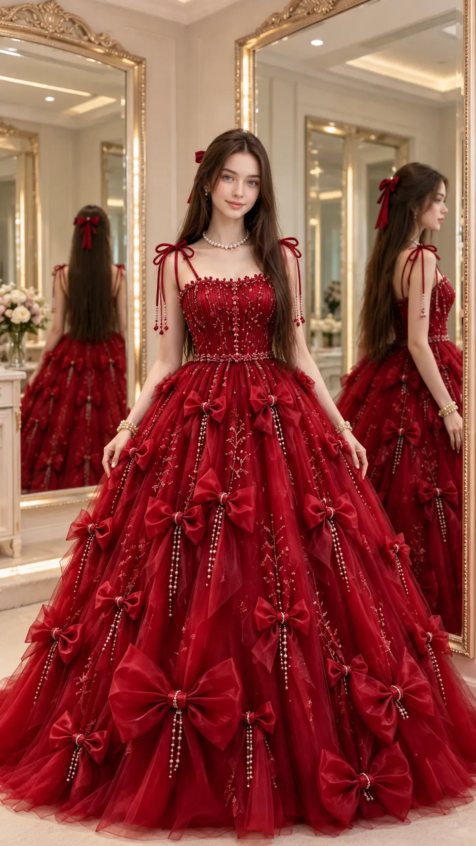 Crimson Princess Gown in a Mirrored Royal Dressing Room