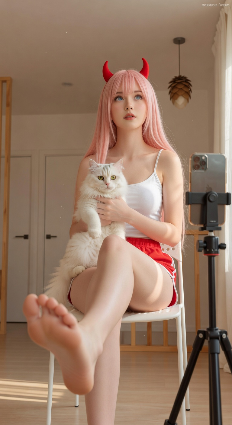 Realistic Cozy Cosplay Portrait with Pink Hair and a White Cat