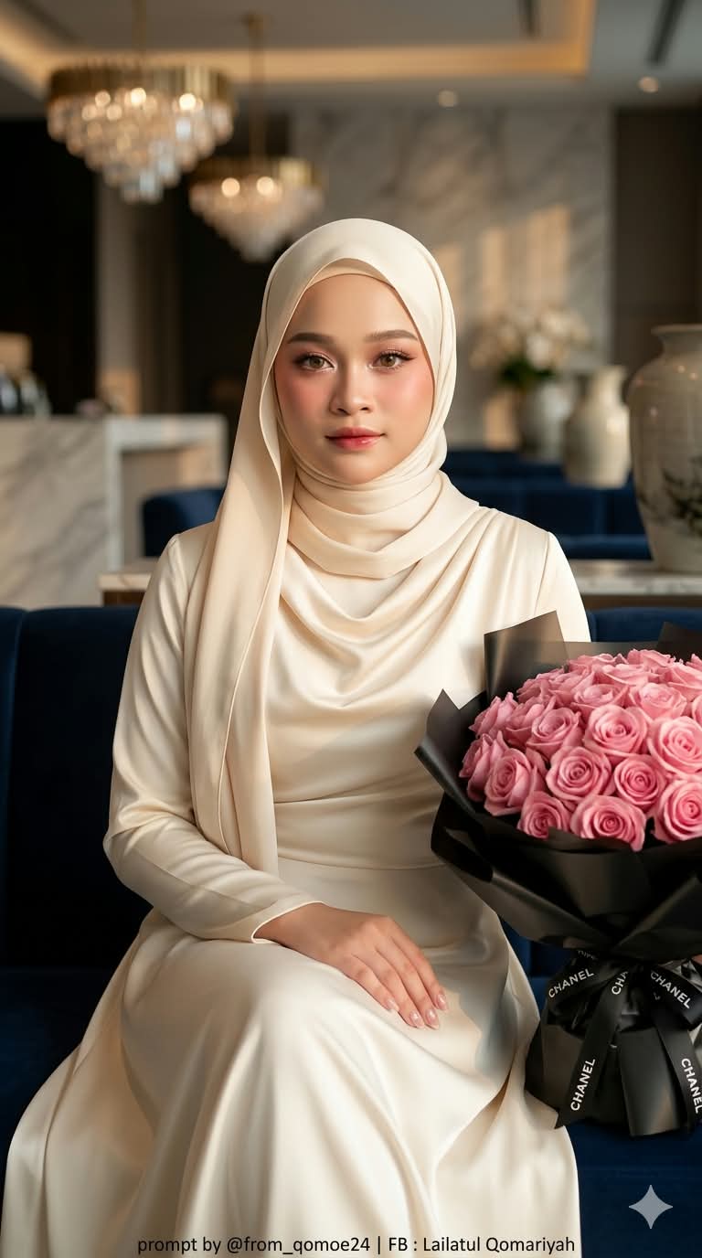 Elegant Hijab Portrait with Pink Roses output 2