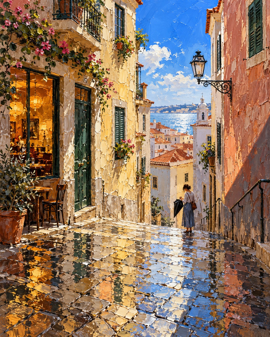 Rain-Soaked Landmark in Palette-Knife Oil