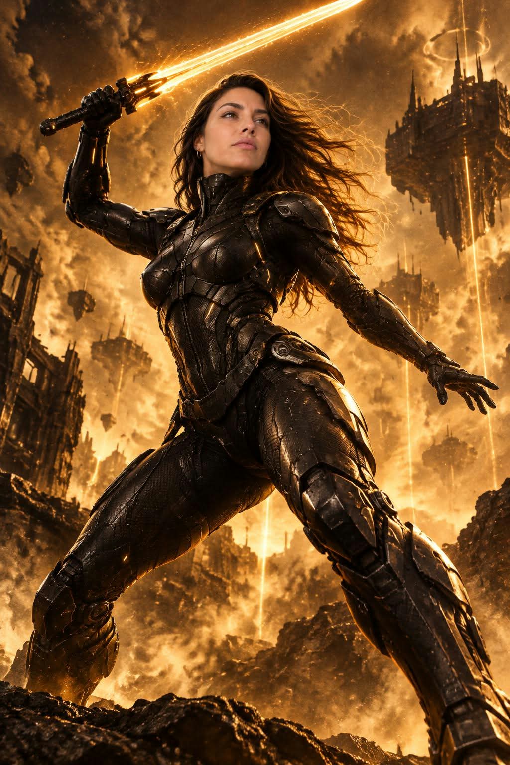 Cinematic Amber Exoskeleton Warrior