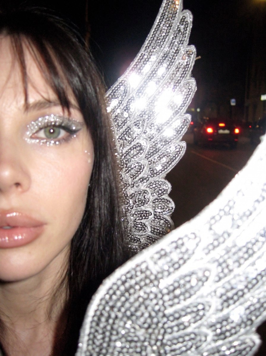 Y2K Nighttime Selfie with Silver Angel Wings output 2