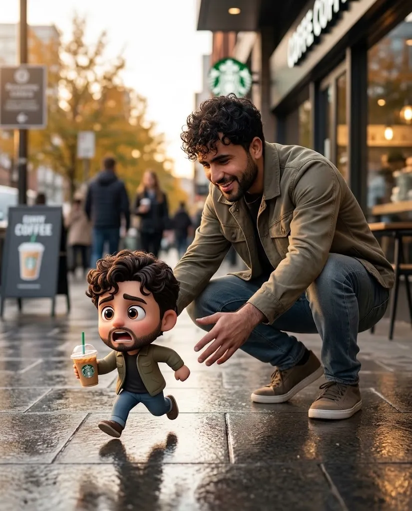 Photorealistic Adult and Chibi Café Scene