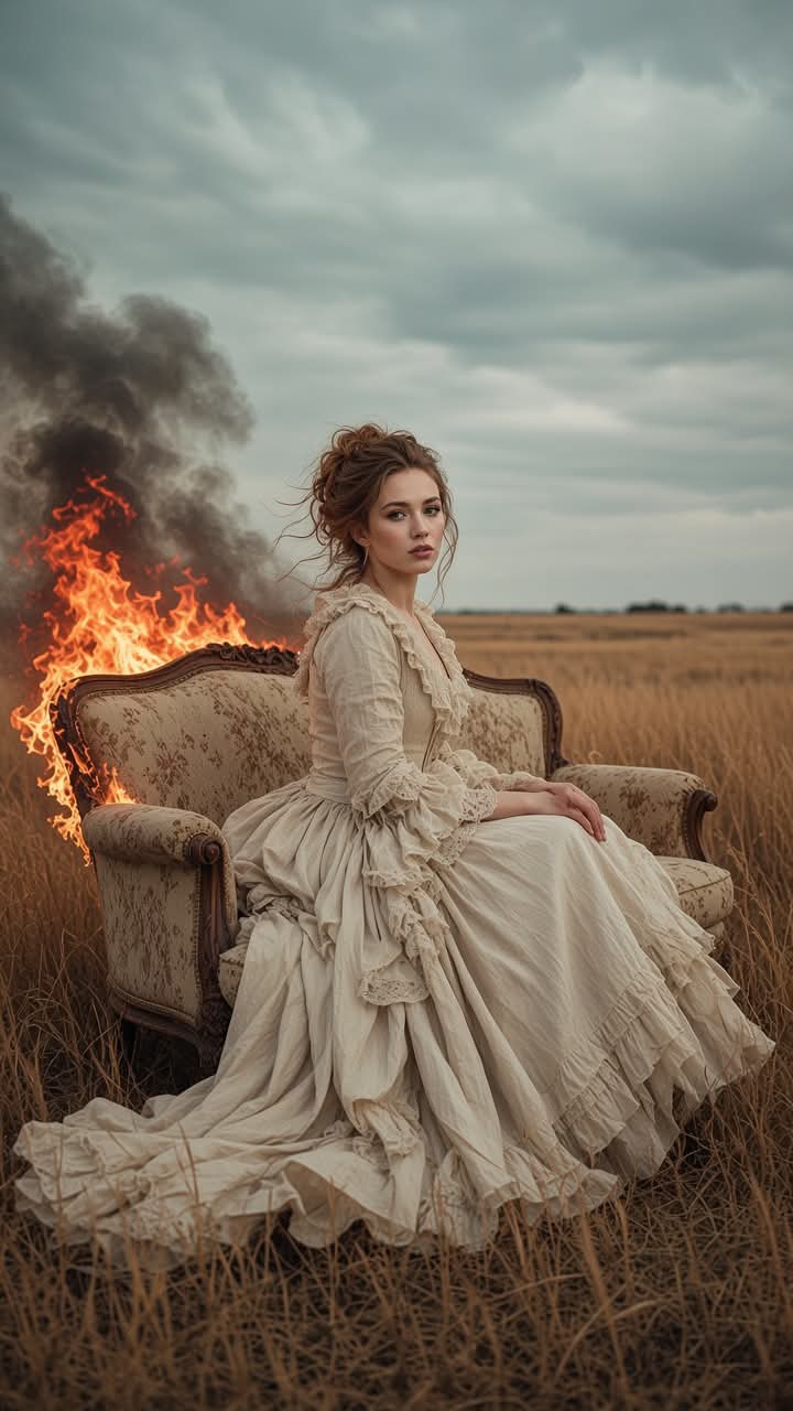 Cinematic Victorian Portrait in a Burning Field