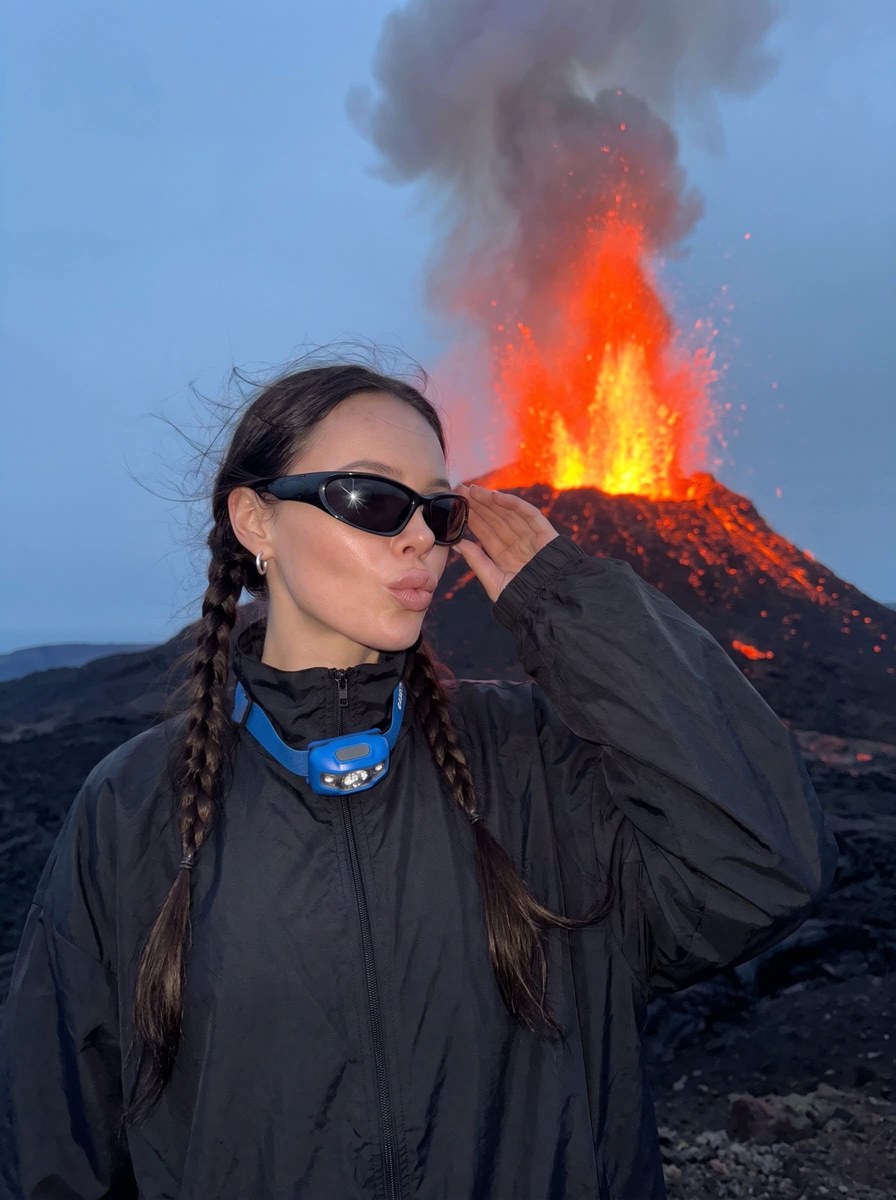 Woman in Front of an Erupting Volcano output 2