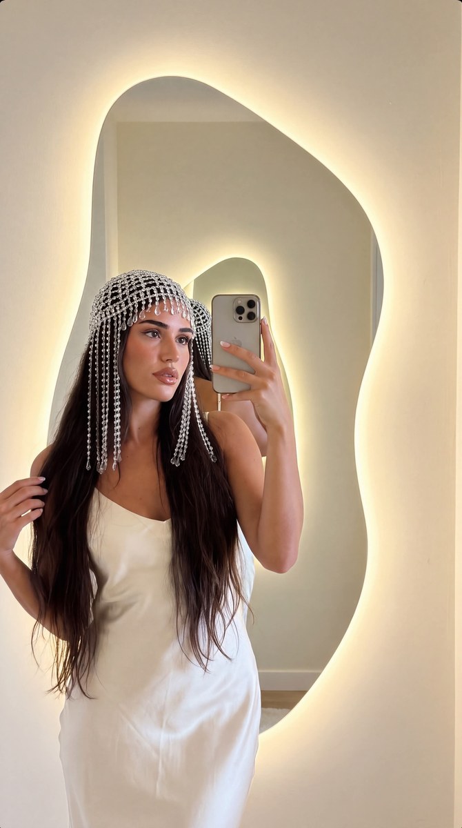 Photorealistic Crystal-Headpiece Mirror Selfie