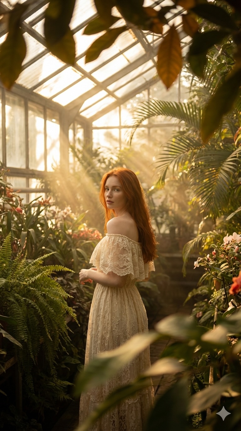 Golden-Light Greenhouse Fashion Portrait output 2